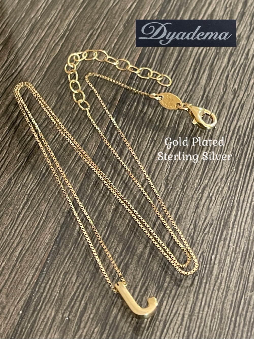 Dyadema 925 Italy Gold Vermeil Initial J Necklace Box Chain 16 5/8” - 18 3/8”